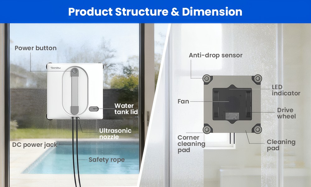 Teendow HW225A Fensterputzroboter, 5500 Pa starke Saugkraft, Duales Wasserspr&uuml;hsystem, 100 ml Wassertank, App- und Fernbedienungssteuerung, Sprachausgabe, 5 Reinigungsmodi f&uuml;r Fenster, Spiegel und Glast&uuml;ren