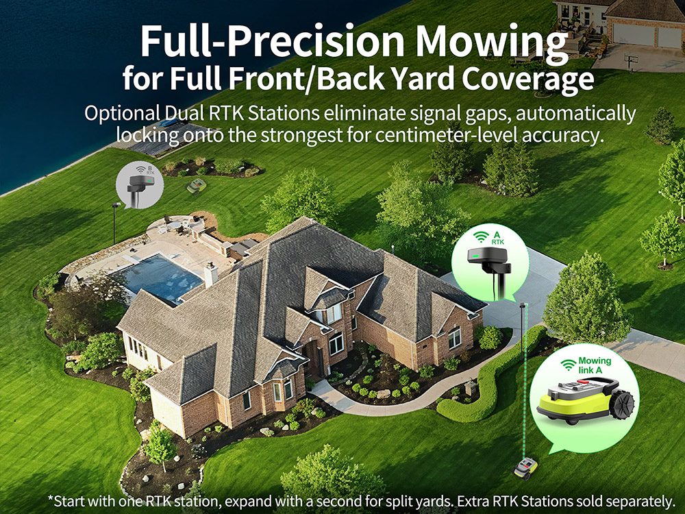 Tondeuse robotis&eacute;e UBHOME M10, navigation RTK + IA, sans fil p&eacute;riph&eacute;rique, couverture de 7&nbsp;000&nbsp;m&sup2;, multizone (jusqu'&agrave; 15), pente jusqu'&agrave; 55&nbsp;%, cartographie centim&eacute;trique, d&eacute;tection intelligente des obstacles, largeur de coupe de 230&nbsp;mm, batterie 5,2&nbsp;Ah, contr&ocirc;le via application