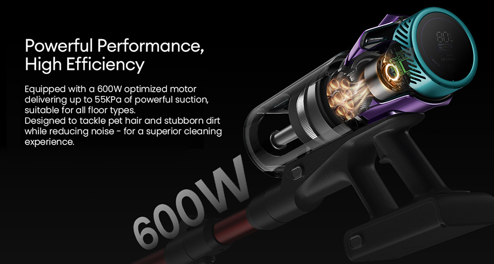 Ultenic U18 Power Pro Cordless Vacuum Cleaner, 55kPa Powerful Suction, 600W Motor, Up to 80 Min Runtime, Anti-Tangle Roller Brush, Smart LED Display, 6-Layer Filtration, Wall-Mount Charging Dock for Pet Hair & Hard Floors
