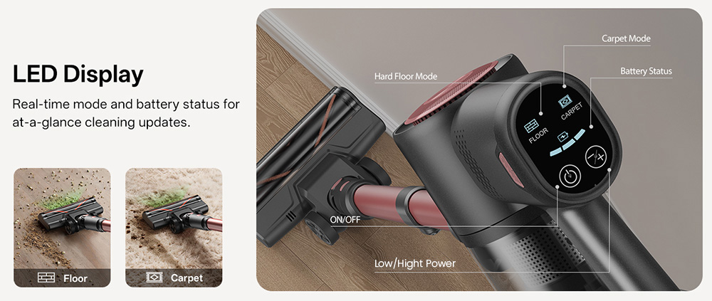Vactidy V10 Pro Akku-Stielstaubsauger, 45.000 Pa Saugkraft, 550-W-Motor, bis zu 45 Minuten Laufzeit, abnehmbarer 2200-mAh-Akku, 5-stufige Filterung, 500-ml-Staubbeh&auml;lter, LED-Anzeige, gr&uuml;ne Stauberkennung