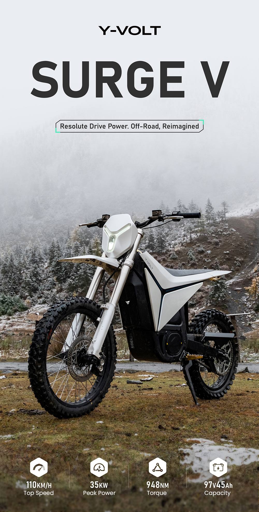 Y-VOLT SURGE V Elektrisches Dirtbike, 35 kW Spitzenleistung, 97 V 45 Ah Samsung 50S Akku, 110 km/h H&ouml;chstgeschwindigkeit, bis zu 120 km Reichweite, 300 mm Bodenfreiheit, 19