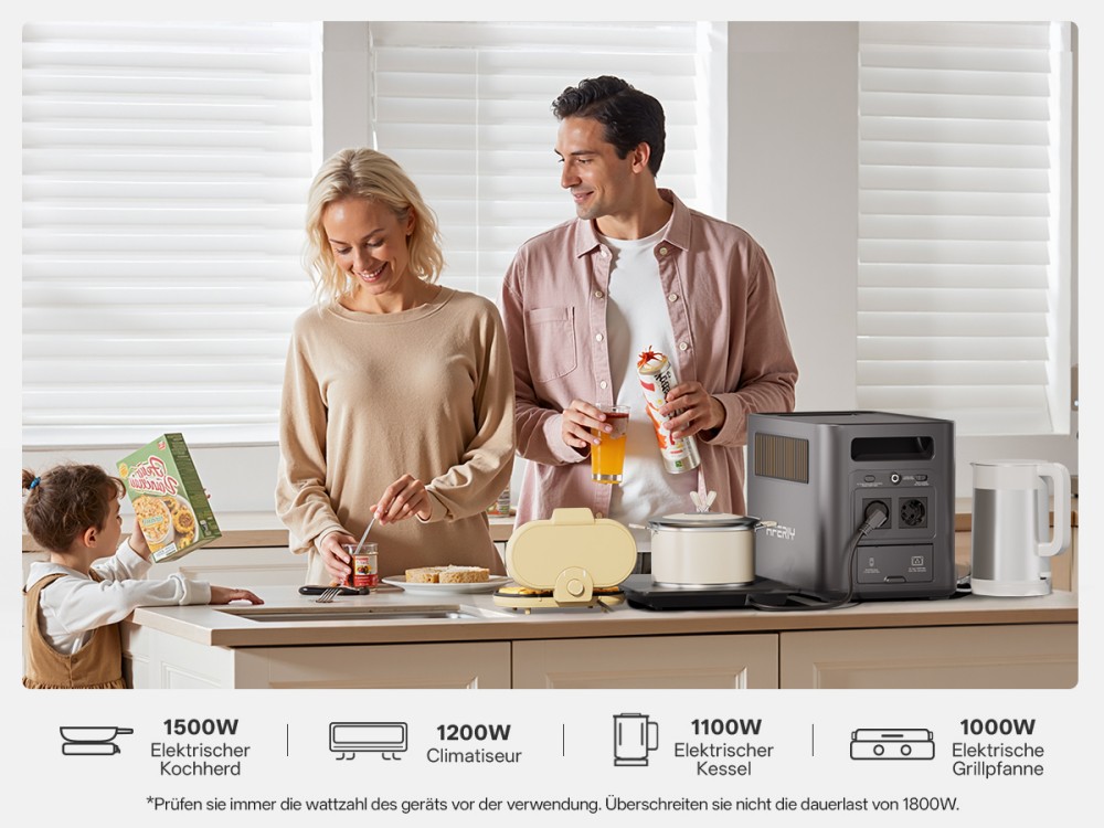 AFERIY Nomad1800 Pro P180 Tragbare Powerstation, 1800W reine Sinuswellenleistung, 1024Wh LiFePO4-Batterie, erweiterbar auf 5120Wh, 1000W AC-Ladung, 500W XT60-SolarSchnelleingang, &le;10ms USV, 140W PD-Schnellladung, 9 Ausg&auml;nge