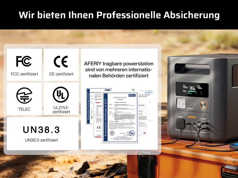 AFERIY Nomad1800 Pro P180 Tragbare Powerstation, 1800W reine Sinuswellenleistung, 1024Wh LiFePO4-Batterie, erweiterbar auf 5120Wh, 1000W AC-Ladung, 500W XT60-SolarSchnelleingang, &le;10ms USV, 140W PD-Schnellladung, 9 Ausg&auml;nge