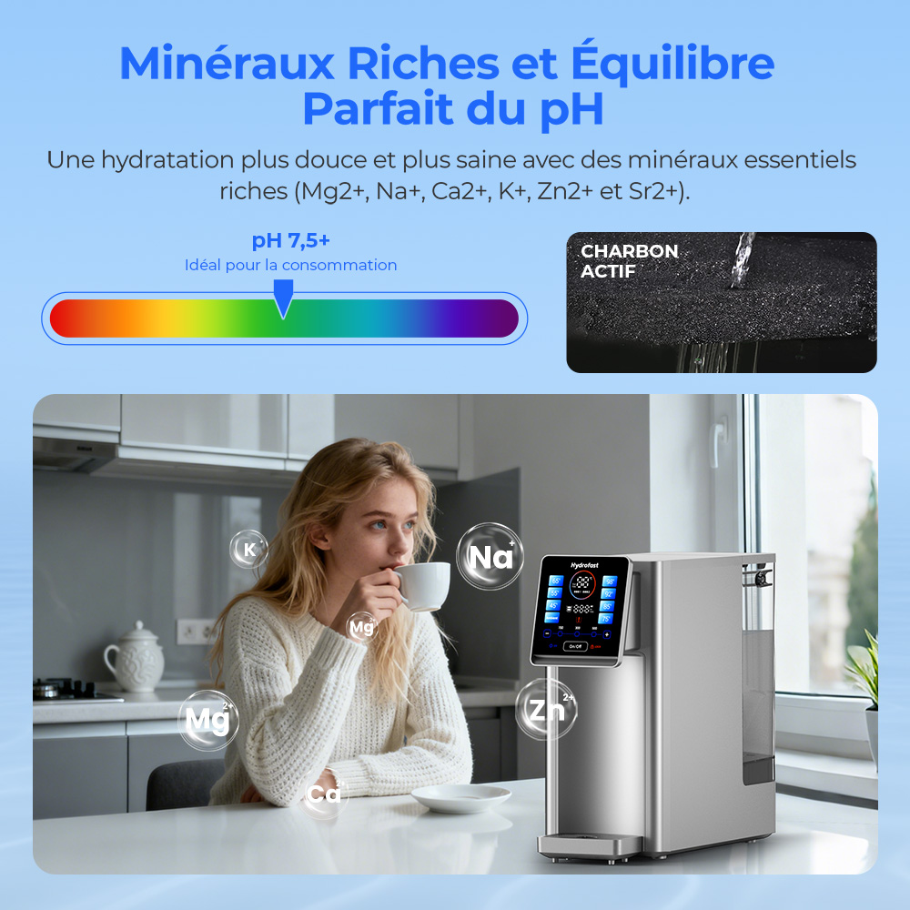 Hydrofast W100 Purificateur d'eau de comptoir avec eau chaude et eau ambiante, 8 températures, eau chaude en 3 secondes, filtration par osmose inverse à 6 niveaux, volume d'eau à 15 niveaux, pour cuisine, bureau, chambre
