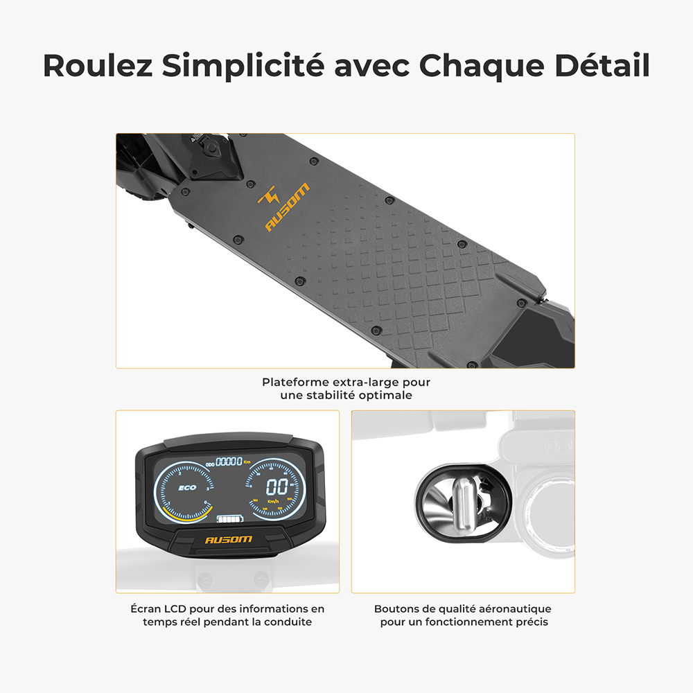 Ausom L1 (version ABE) Trottinette &eacute;lectrique, moteur 500 W, batterie 48 V 20,8 Ah, pneus 10 pouces, vitesse maximale 20 km/h, autonomie 90 km, freins &agrave; disque avant et arri&egrave;re, suspension &agrave; bras oscillant, d&eacute;verrouillage NFC et par code.