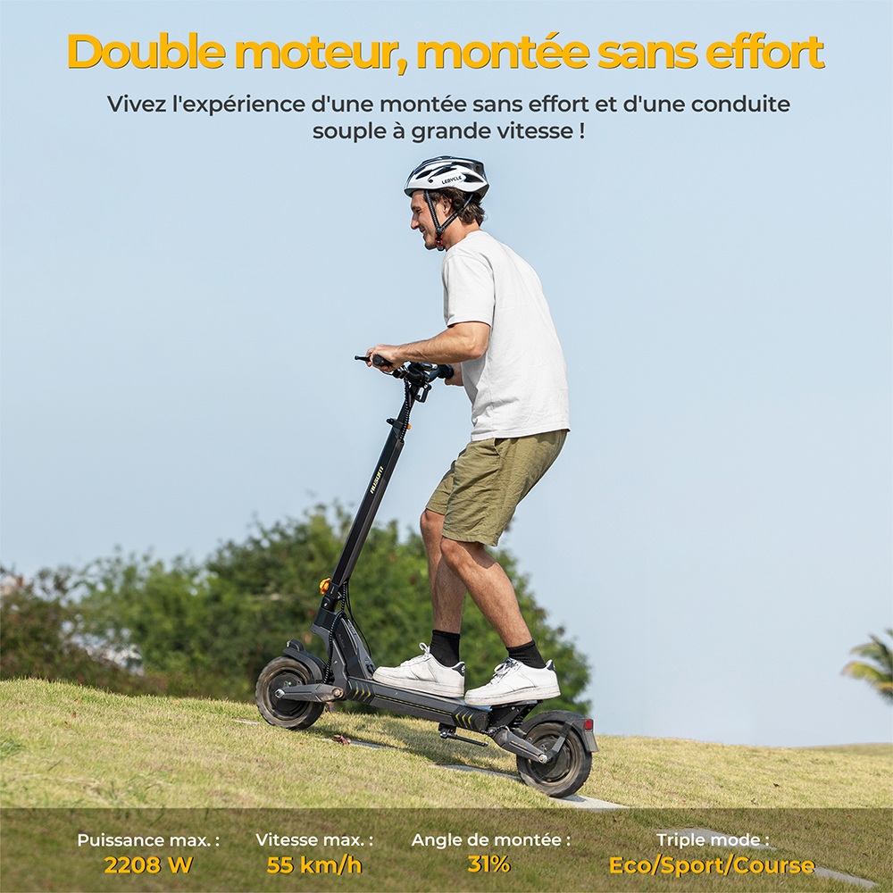 Ausom L2 Trottinette &eacute;lectrique, moteur 2 x 800 W, batterie 48 V 15,6 Ah, pneus 10 pouces, vitesse maximale 55 km/h, autonomie 70 km, freins &agrave; disque avant et arri&egrave;re, suspension &agrave; bras oscillant, &eacute;cran LCD
