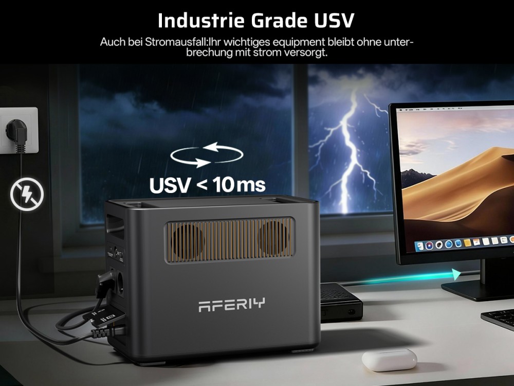 AFERIY Nomad1800 Pro P180 Tragbare Powerstation, 1800W reine Sinuswellenleistung, 1024Wh LiFePO4-Batterie, erweiterbar auf 5120Wh, 1000W AC-Ladung, 500W XT60-SolarSchnelleingang, &le;10ms USV, 140W PD-Schnellladung, 9 Ausg&auml;nge