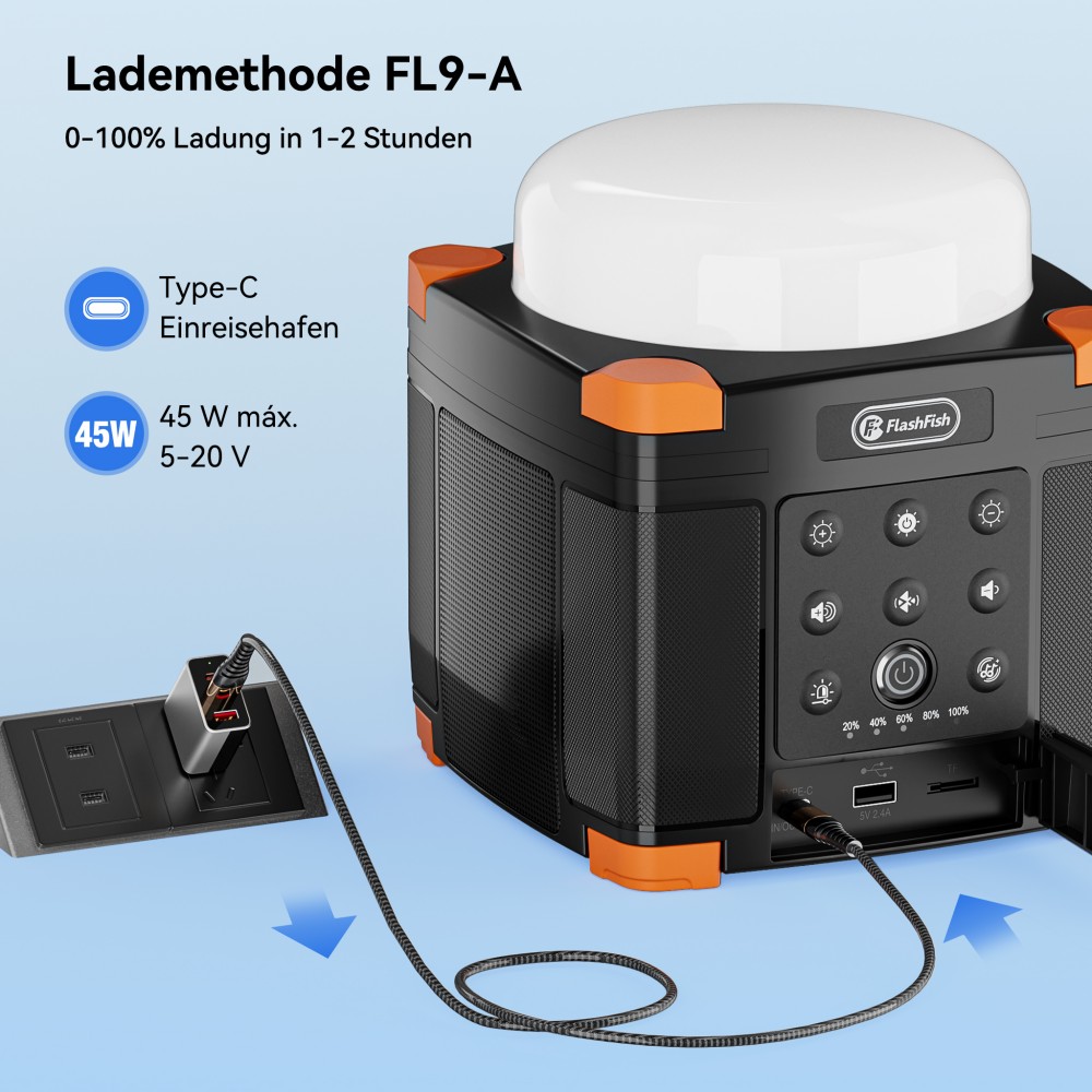 FlashFish FL9-A Multifunktionale Powerstation, 56Wh / 15600mAh Lithium-Akku, 45W USB-C PD Schnellladung, Duale 15W Bluetooth 5.0 Lautsprecher, 700LM 3-Modus Campinglampe, TWS Stereo-Sound, SOS-Notlicht