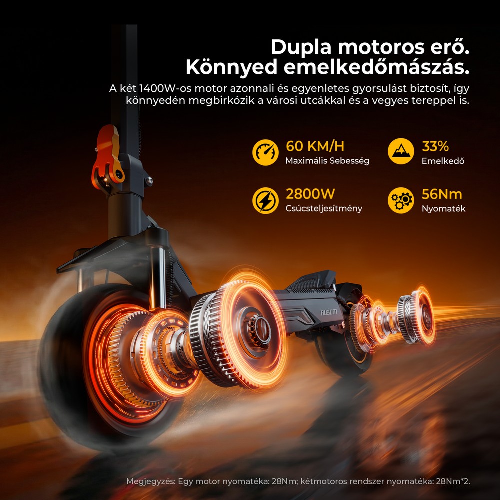 Ausom K20 Pro K&eacute;tmotoros Elektromos Roller, Max. 2800W Motor, 48V 18Ah Akkumul&aacute;tor, 10 H&uuml;velykes Gumiabroncsok, 60km/h Maxim&aacute;lis Sebess&eacute;g, 90km Hat&oacute;t&aacute;v, Első & H&aacute;ts&oacute; T&aacute;rcsaf&eacute;k, NFC Felold&aacute;s
