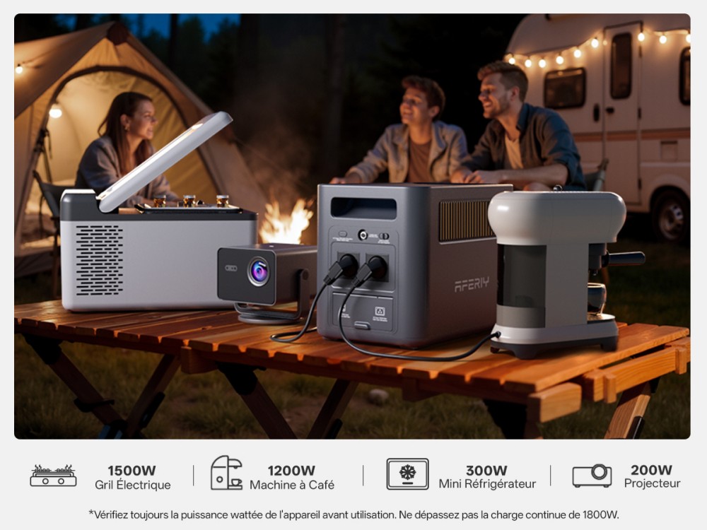 AFERIY Nomad1800 Pro P180 Station d'alimentation portable, sortie &agrave; onde sinuso&iuml;dale pure 1800W, batterie LiFePO4 1024Wh, extensible jusqu&rsquo;&agrave; 5120Wh, charge rapide AC 1000W, entr&eacute;e solaire XT60 500W, UPS &le;10ms, charge rapide PD 140W, 9 sorties