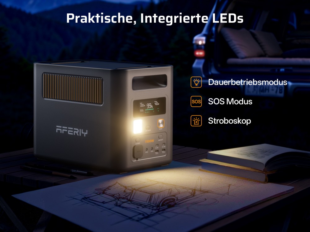 AFERIY Nomad1800 Pro P180 Tragbare Powerstation, 1800W reine Sinuswellenleistung, 1024Wh LiFePO4-Batterie, erweiterbar auf 5120Wh, 1000W AC-Ladung, 500W XT60-SolarSchnelleingang, &le;10ms USV, 140W PD-Schnellladung, 9 Ausg&auml;nge