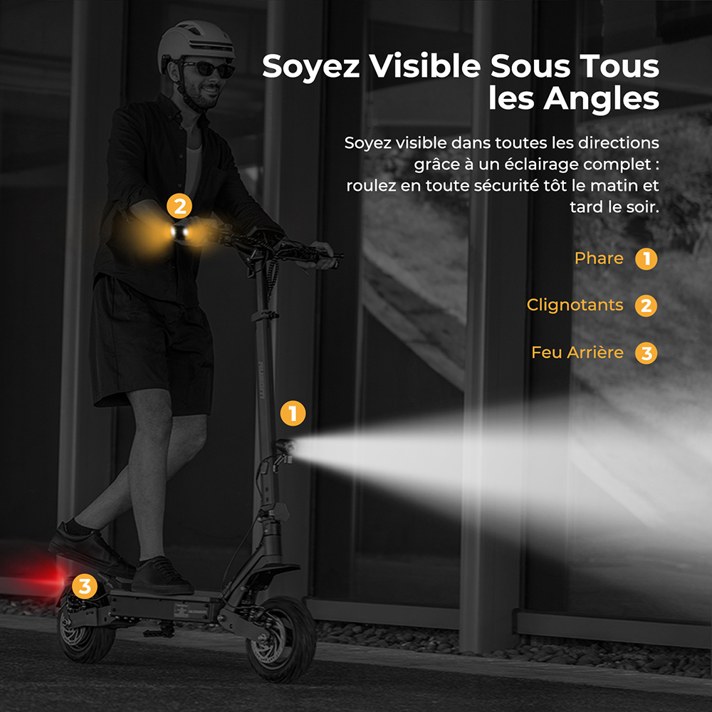 Ausom L1 (version ABE) Trottinette &eacute;lectrique, moteur 500 W, batterie 48 V 20,8 Ah, pneus 10 pouces, vitesse maximale 20 km/h, autonomie 90 km, freins &agrave; disque avant et arri&egrave;re, suspension &agrave; bras oscillant, d&eacute;verrouillage NFC et par code.