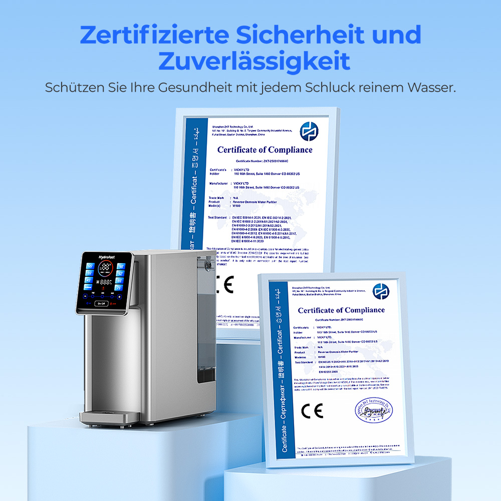 Hydrofast W100 Wasserfilter für die Arbeitsplatte mit heißem und raumwarmem Wasser, 8 Temperaturen, heißes Wasser in 3 Sekunden, 6-stufige Umkehrosmosefiltration, 15-stufiges Wasservolumen, für Küche, Büro, Schlafzimmer