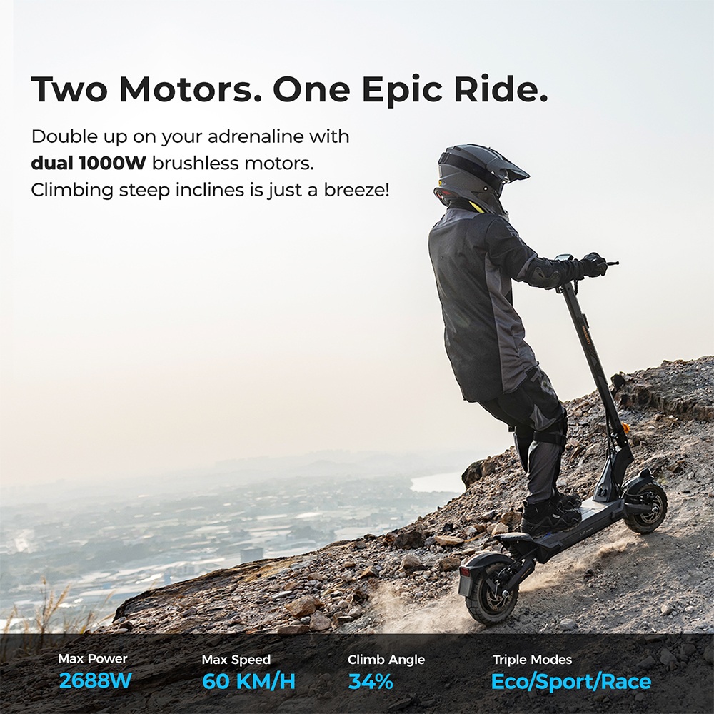 Ausom L2 Max Electric Scooter, 2*1000W Motor, 48V 20.8Ah Battery, 3*10 inch Tires, 60km/h Max Speed, 90km Range, Front & Rear Disc Brakes, Swingarm Suspension, Hidden AirTag Mount