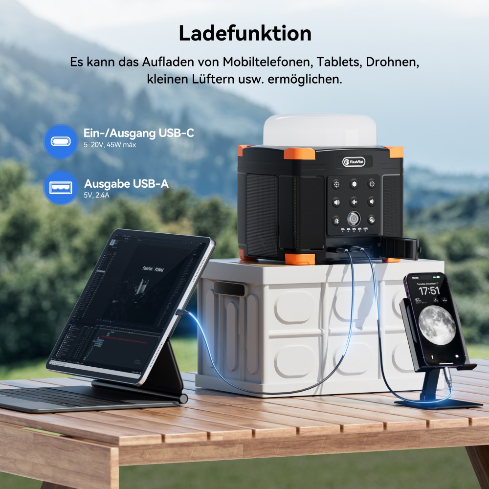 FlashFish FL9-A Multifunktionale Powerstation, 56Wh / 15600mAh Lithium-Akku, 45W USB-C PD Schnellladung, Duale 15W Bluetooth 5.0 Lautsprecher, 700LM 3-Modus Campinglampe, TWS Stereo-Sound, SOS-Notlicht