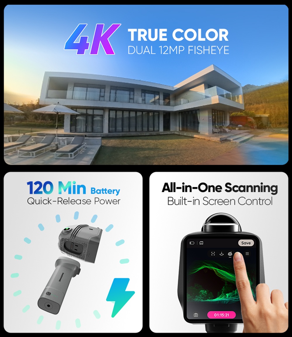 Scanner LiDAR 3DMakerpro Raven Max, double cam&eacute;ra 12 MP, port&eacute;e de 100 m, nuages de points RVB am&eacute;lior&eacute;s, 150&nbsp;000 points/s, champ de vision 360&deg; &times; 40&deg;, capture 4K en couleurs r&eacute;elles, 32 Go de stockage, batterie 12&nbsp;000 mAh, Wi-Fi 5.
