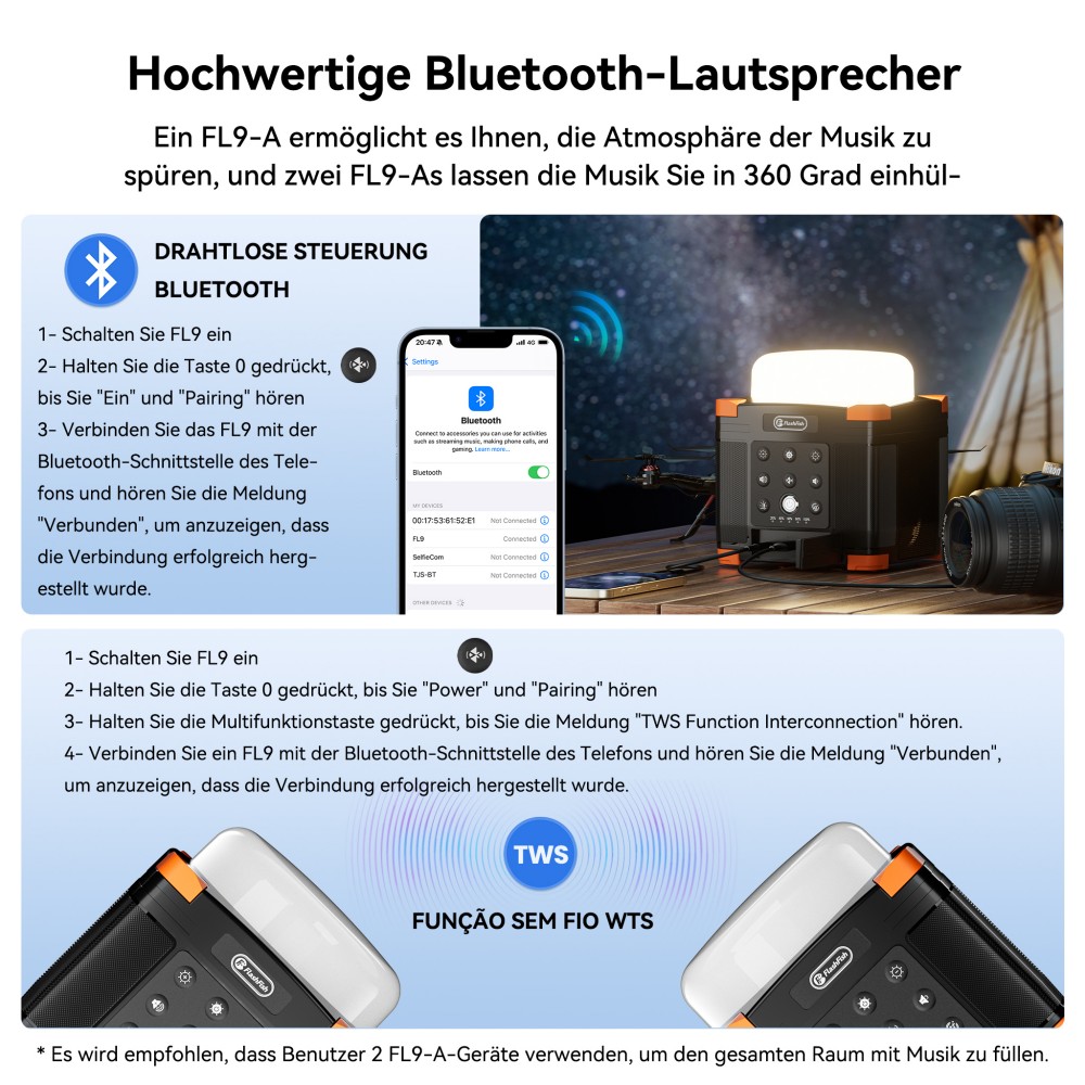 FlashFish FL9-A Multifunktionale Powerstation, 56Wh / 15600mAh Lithium-Akku, 45W USB-C PD Schnellladung, Duale 15W Bluetooth 5.0 Lautsprecher, 700LM 3-Modus Campinglampe, TWS Stereo-Sound, SOS-Notlicht