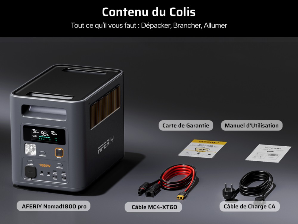 AFERIY Nomad1800 Pro P180 Station d'alimentation portable, sortie &agrave; onde sinuso&iuml;dale pure 1800W, batterie LiFePO4 1024Wh, extensible jusqu&rsquo;&agrave; 5120Wh, charge rapide AC 1000W, entr&eacute;e solaire XT60 500W, UPS &le;10ms, charge rapide PD 140W, 9 sorties