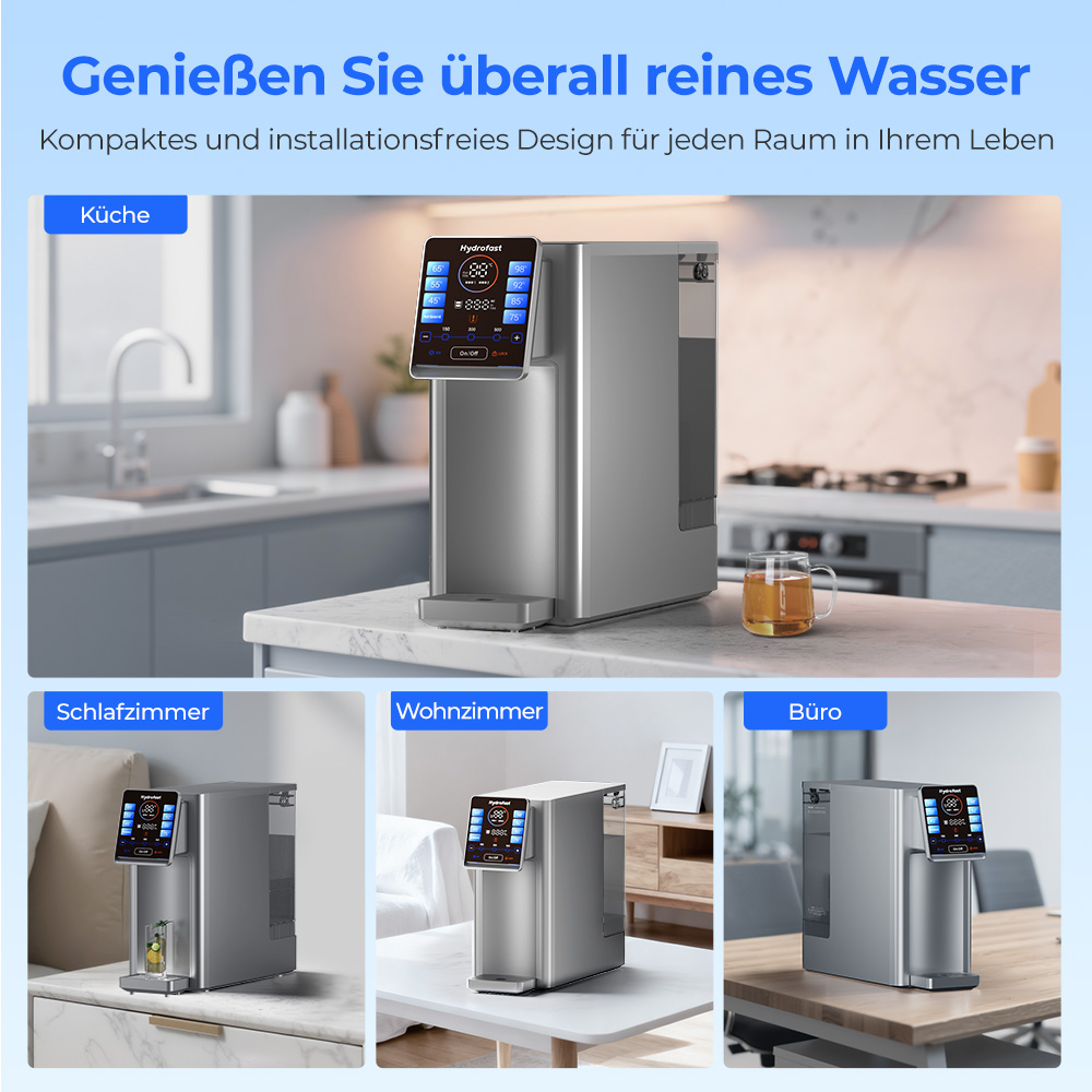 Hydrofast W100 Wasserfilter für die Arbeitsplatte mit heißem und raumwarmem Wasser, 8 Temperaturen, heißes Wasser in 3 Sekunden, 6-stufige Umkehrosmosefiltration, 15-stufiges Wasservolumen, für Küche, Büro, Schlafzimmer