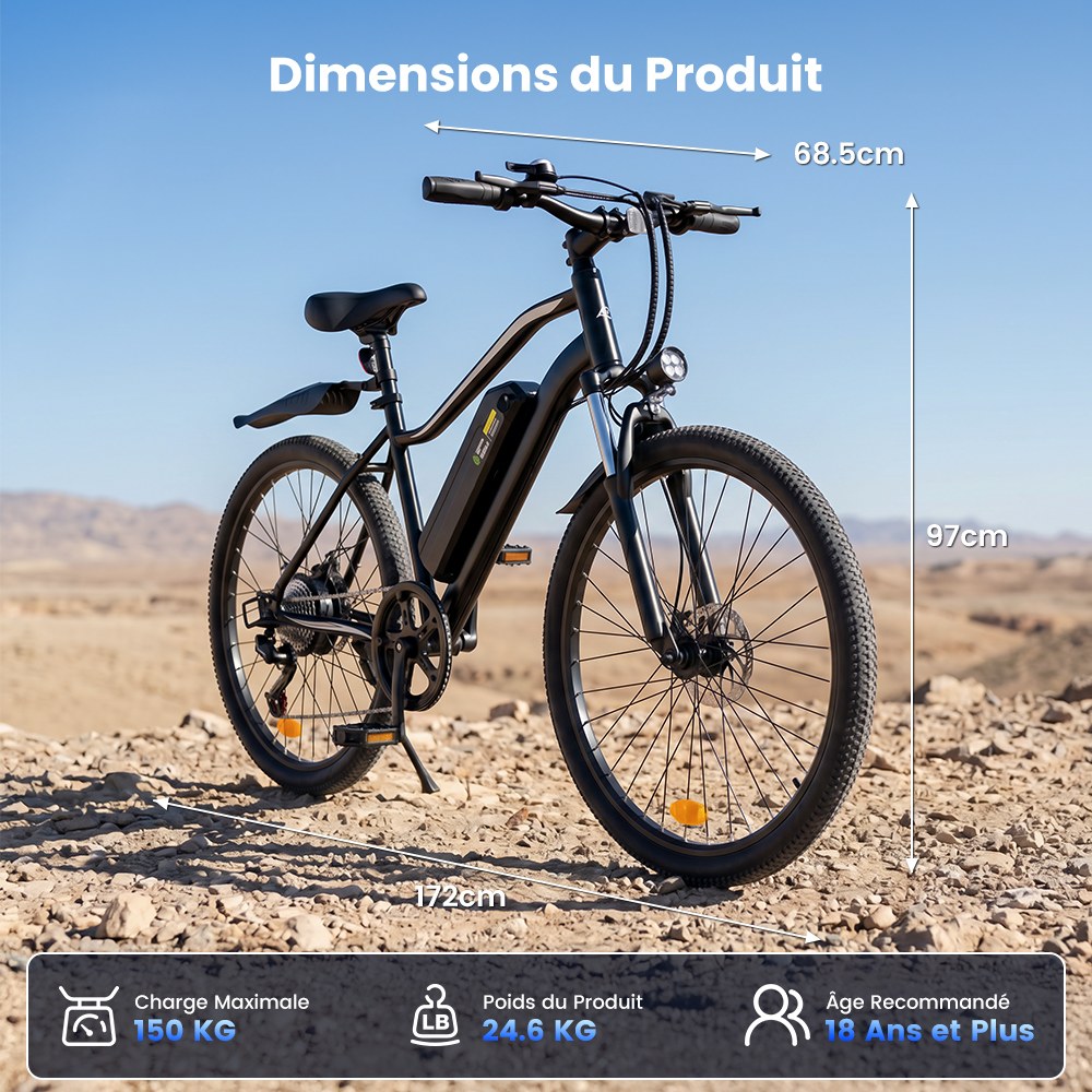 EB3S Vélo Électrique, Moteur 350W, Batterie 36V 15Ah, Vitesse Max. 35km/h, Autonomie 90km, Pneus Tout-Terrain 26"×1,95", Freins à Disque Avant/Arrière, Fourche Suspendue, Charge Max. 150kg