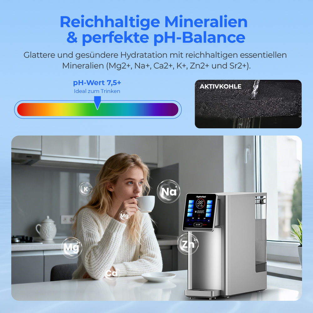 Hydrofast W100 Wasserfilter für die Arbeitsplatte mit heißem und raumwarmem Wasser, 8 Temperaturen, heißes Wasser in 3 Sekunden, 6-stufige Umkehrosmosefiltration, 15-stufiges Wasservolumen, für Küche, Büro, Schlafzimmer