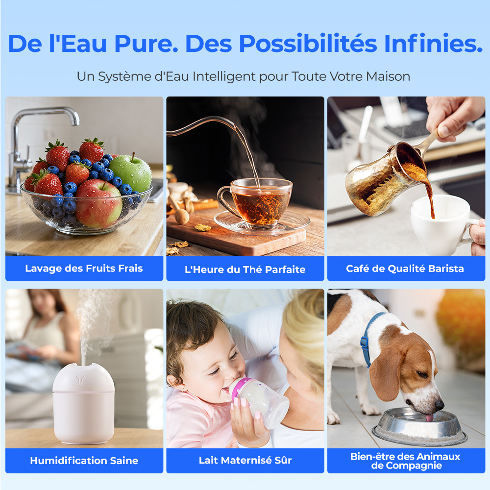 Hydrofast W100 Purificateur d'eau de comptoir avec eau chaude et eau ambiante, 8 températures, eau chaude en 3 secondes, filtration par osmose inverse à 6 niveaux, volume d'eau à 15 niveaux, pour cuisine, bureau, chambre