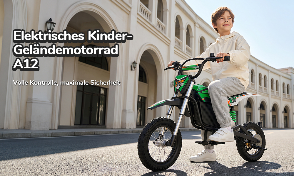 iScooter A12 Kinder-Elektro-Dirtbike, 300W Motor (350W Peak), 36V 4.5Ah Akku, 25 km/h Max. Geschwindigkeit, 20 km Reichweite, 12-Zoll Luftreifen, Vorder- & Hinterradfederung, Griffbremse & hintere Scheibenbremse, 3 Fahrmodi, 70 kg Traglast - Grün