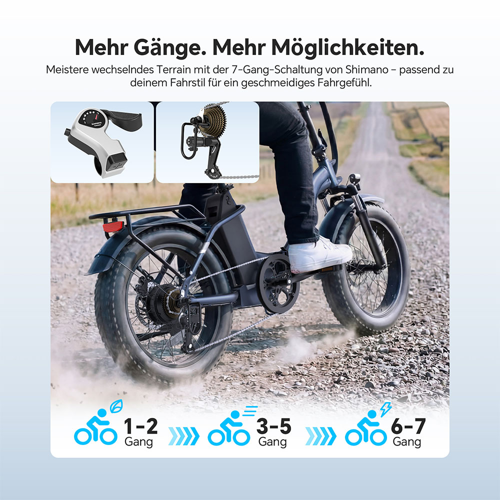 Touroll S2 Elektrofahrrad, 650 W max. Leistung, 48 V 15 Ah Akku, 20 x 4,0 Zoll Reifen, 25 km/h Max. Geschwindigkeit, 150 km max. Reichweite, mechanische Scheibenbremse & E-Bremse, mechanischer Stoßdämpfer, Shimano 7-Gang-Getriebe