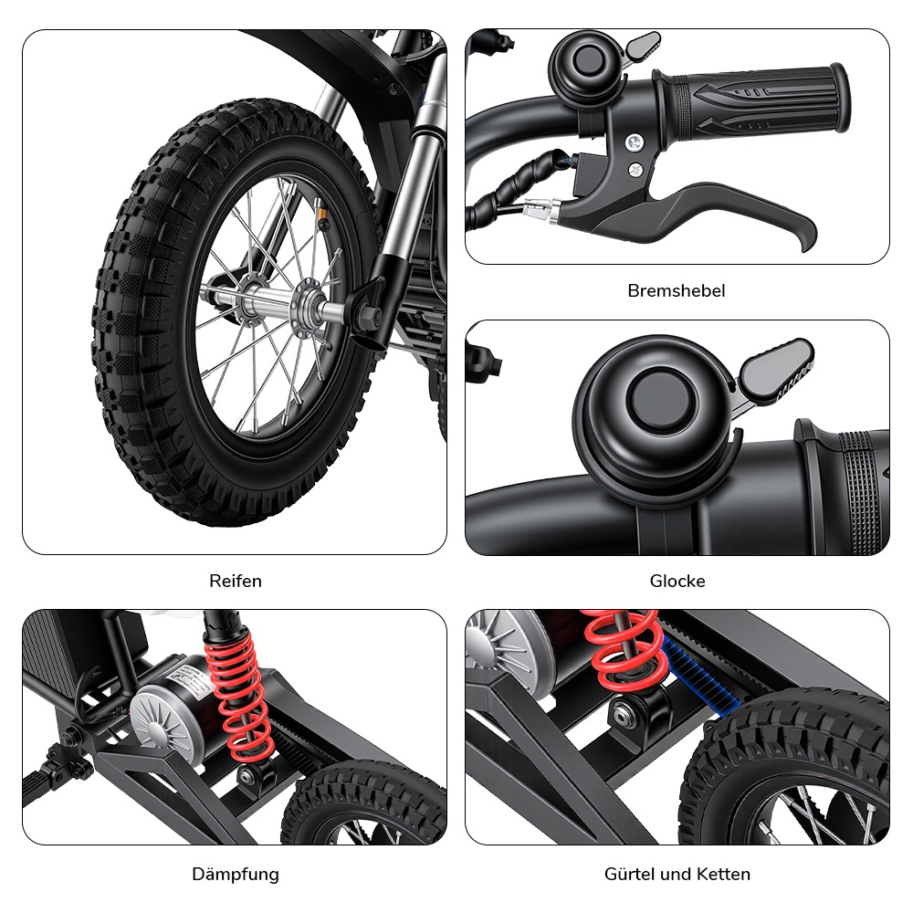 iScooter A12 Kinder-Elektro-Dirtbike, 300W Motor (350W Peak), 36V 4.5Ah Akku, 25 km/h Max. Geschwindigkeit, 20 km Reichweite, 12-Zoll Luftreifen, Vorder- & Hinterradfederung, Griffbremse & hintere Scheibenbremse, 3 Fahrmodi, 70 kg Traglast - Rot