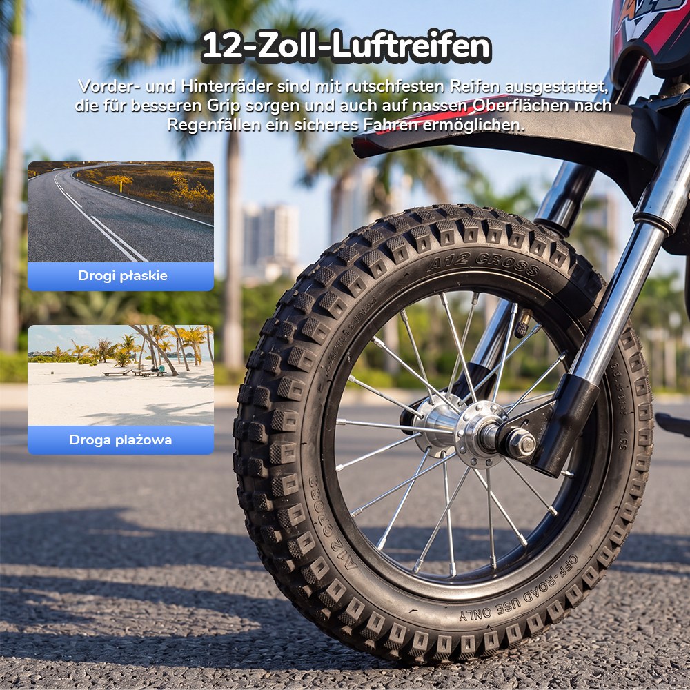 iScooter A12 Kinder-Elektro-Dirtbike, 300W Motor (350W Peak), 36V 4.5Ah Akku, 25 km/h Max. Geschwindigkeit, 20 km Reichweite, 12-Zoll Luftreifen, Vorder- & Hinterradfederung, Griffbremse & hintere Scheibenbremse, 3 Fahrmodi, 70 kg Traglast - Rot