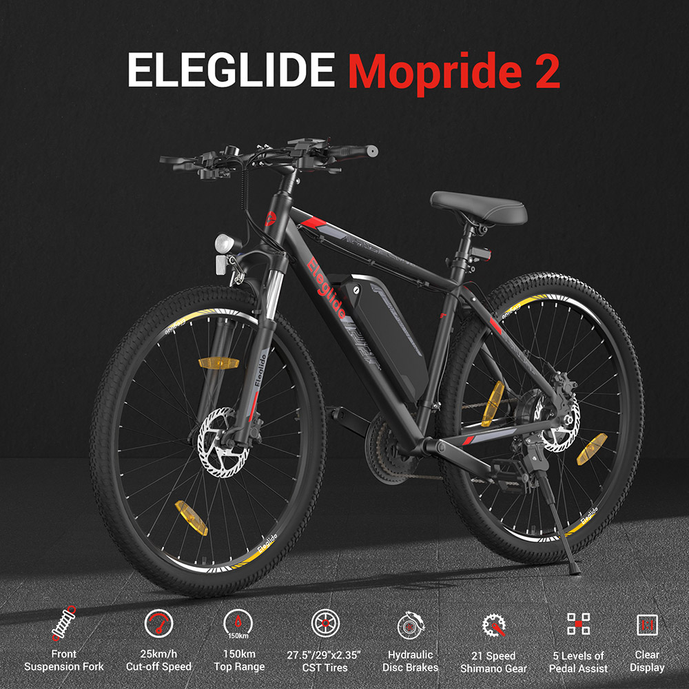 Eleglide Mopride 2 27,5 Hüvelykes Elektromos Hegyi Kerékpár, 250 W-os Motor, 25 km/h Max. Sebesség, 36 V 18 Ah Akkumulátor, Akár 150 km Hatótáv, Shimano 21 Sebességes Váltó, Hidraulikus Tárcsafékek, Első Felfüggesztés - Fekete