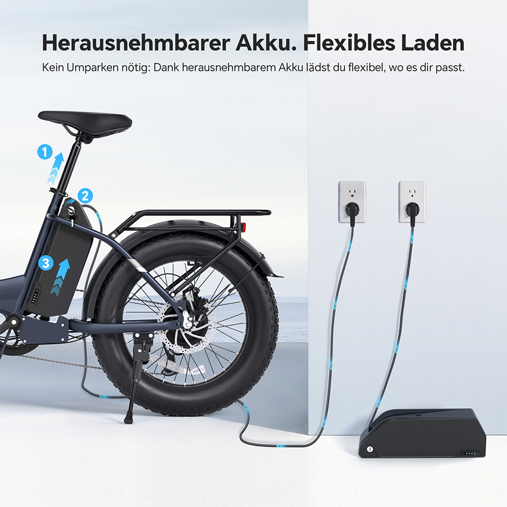 Touroll S2 Elektrofahrrad, 650 W max. Leistung, 48 V 15 Ah Akku, 20 x 4,0 Zoll Reifen, 25 km/h Max. Geschwindigkeit, 150 km max. Reichweite, mechanische Scheibenbremse & E-Bremse, mechanischer Stoßdämpfer, Shimano 7-Gang-Getriebe