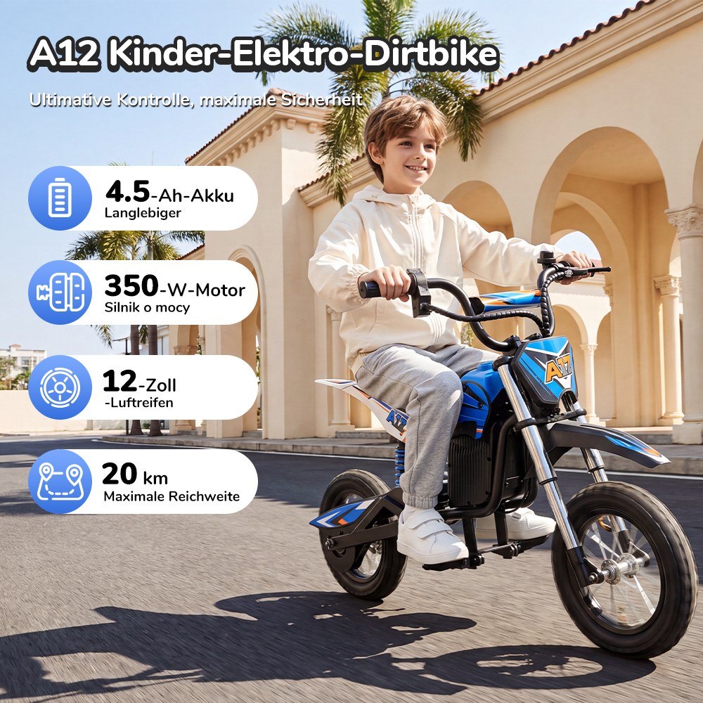iScooter A12 Kinder-Elektro-Dirtbike, 300W Motor (350W Peak), 36V 4.5Ah Akku, 25 km/h Max. Geschwindigkeit, 20 km Reichweite, 12-Zoll Luftreifen, Vorder- & Hinterradfederung, Griffbremse & hintere Scheibenbremse, 3 Fahrmodi, 70 kg Traglast - Blau