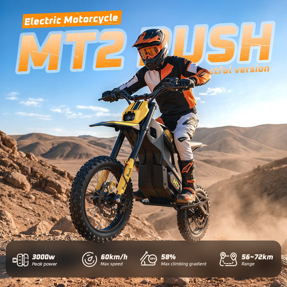MT2 Offroad-Elektromotorrad, 3000W Spitzenleistung, 48V 22,5Ah herausnehmbarer Akku, 220Nm Drehmoment, bis zu 60km/h, bis zu 72km Reichweite, hydraulische Scheibenbremsen, hydraulische Federung, NFC-Entriegelung - Gelb