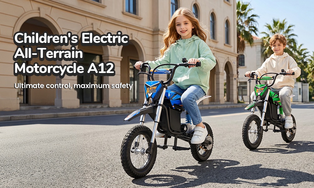 iScooter A12 Moto Tout-Terrain Électrique pour Enfants, Moteur 300W (350W en crête), Batterie 36V 4.5Ah, 25km/h, 20km d’autonomie, Pneu 12", Suspension avant et arrière, Frein à poignée et frein à disque arrière, 3 modes de vitesse - Vert