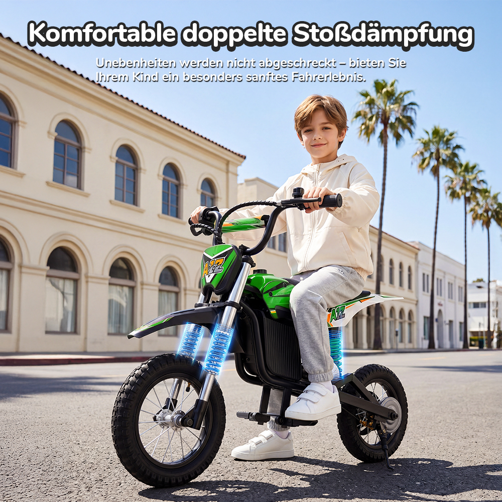iScooter A12 Kinder-Elektro-Dirtbike, 300W Motor (350W Peak), 36V 4.5Ah Akku, 25 km/h Max. Geschwindigkeit, 20 km Reichweite, 12-Zoll Luftreifen, Vorder- & Hinterradfederung, Griffbremse & hintere Scheibenbremse, 3 Fahrmodi, 70 kg Traglast - Grün