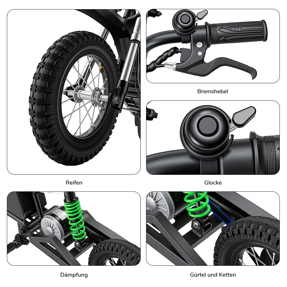 iScooter A12 Kinder-Elektro-Dirtbike, 300W Motor (350W Peak), 36V 4.5Ah Akku, 25 km/h Max. Geschwindigkeit, 20 km Reichweite, 12-Zoll Luftreifen, Vorder- & Hinterradfederung, Griffbremse & hintere Scheibenbremse, 3 Fahrmodi, 70 kg Traglast - Grün
