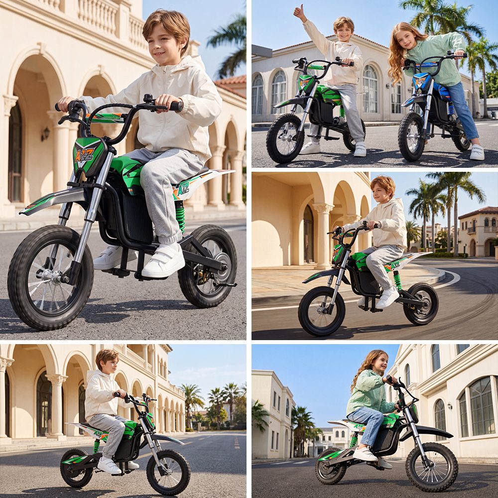 iScooter A12 Moto Tout-Terrain Électrique pour Enfants, Moteur 300W (350W en crête), Batterie 36V 4.5Ah, 25km/h, 20km d’autonomie, Pneu 12", Suspension avant et arrière, Frein à poignée et frein à disque arrière, 3 modes de vitesse - Vert