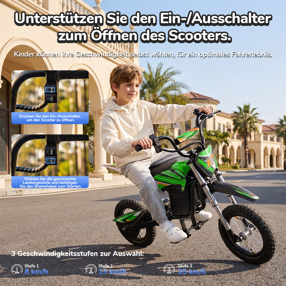 iScooter A12 Kinder-Elektro-Dirtbike, 300W Motor (350W Peak), 36V 4.5Ah Akku, 25 km/h Max. Geschwindigkeit, 20 km Reichweite, 12-Zoll Luftreifen, Vorder- & Hinterradfederung, Griffbremse & hintere Scheibenbremse, 3 Fahrmodi, 70 kg Traglast - Grün