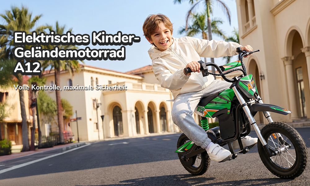 iScooter A12 Kinder-Elektro-Dirtbike, 300W Motor (350W Peak), 36V 4.5Ah Akku, 25 km/h Max. Geschwindigkeit, 20 km Reichweite, 12-Zoll Luftreifen, Vorder- & Hinterradfederung, Griffbremse & hintere Scheibenbremse, 3 Fahrmodi, 70 kg Traglast - Grün