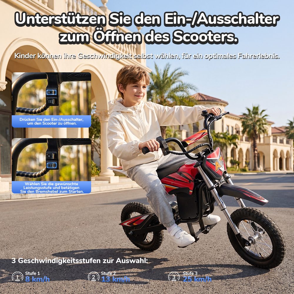 iScooter A12 Kinder-Elektro-Dirtbike, 300W Motor (350W Peak), 36V 4.5Ah Akku, 25 km/h Max. Geschwindigkeit, 20 km Reichweite, 12-Zoll Luftreifen, Vorder- & Hinterradfederung, Griffbremse & hintere Scheibenbremse, 3 Fahrmodi, 70 kg Traglast - Rot