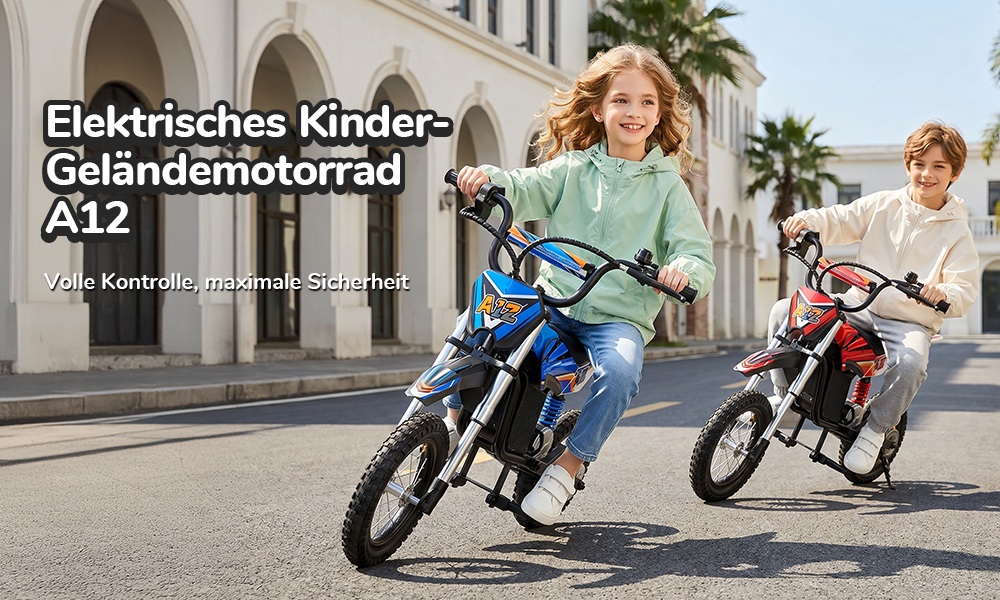 iScooter A12 Kinder-Elektro-Dirtbike, 300W Motor (350W Peak), 36V 4.5Ah Akku, 25 km/h Max. Geschwindigkeit, 20 km Reichweite, 12-Zoll Luftreifen, Vorder- & Hinterradfederung, Griffbremse & hintere Scheibenbremse, 3 Fahrmodi, 70 kg Traglast - Rot
