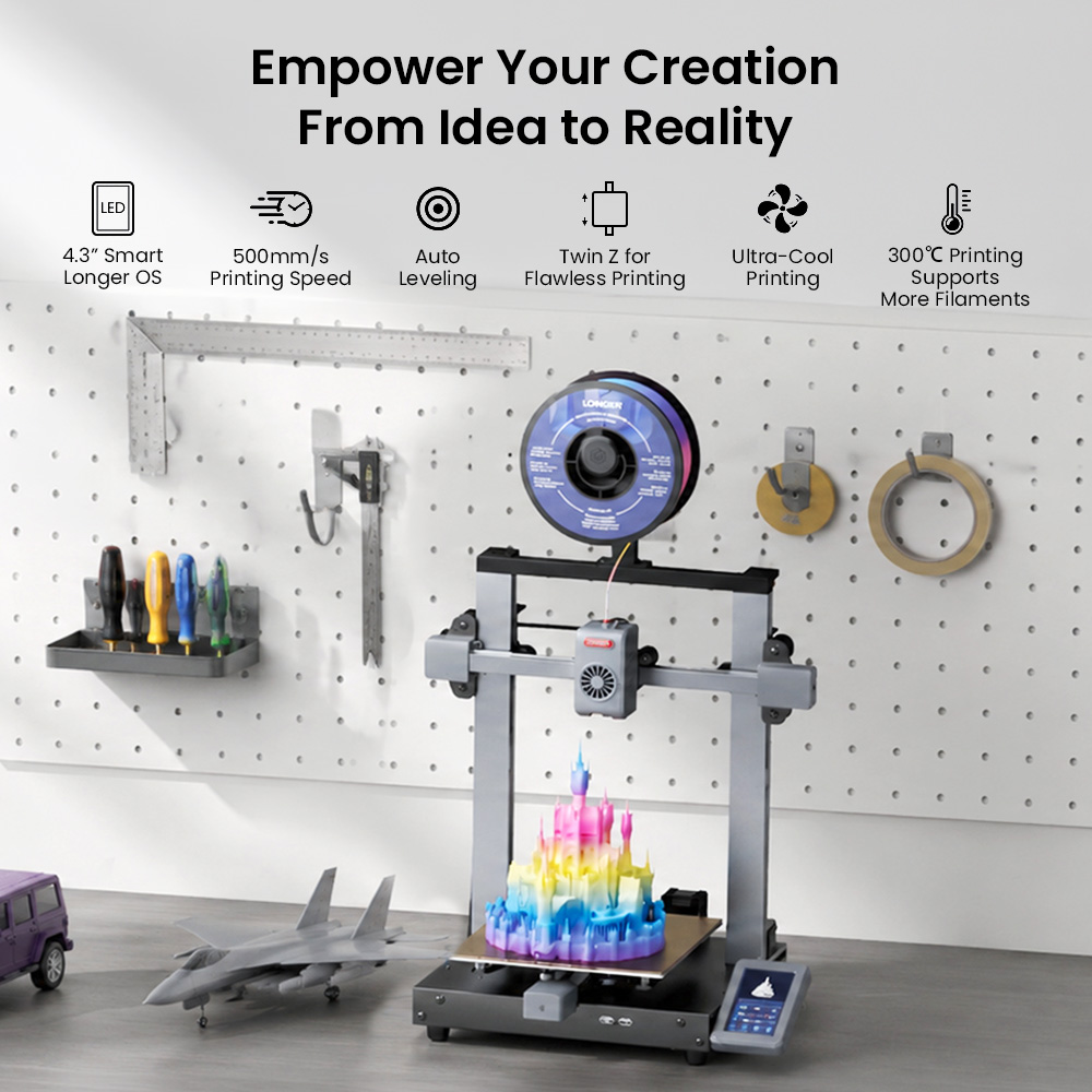 LONGER LK10 3D-Drucker, 500 mm/s Druckgeschwindigkeit, 0,1 mm Genauigkeit, 225×225×265 mm Bauvolumen, vollautomatische Nivellierung, 4,3-Zoll-Touchscreen, Dual-Z-Achse, 300 °C Hotend, WiFi/LAN/USB-Konnektivität, kompatibel mit PLA/PETG/ABS/ASA/TPU