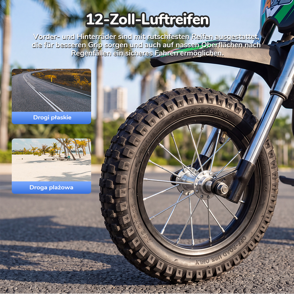 iScooter A12 Kinder-Elektro-Dirtbike, 300W Motor (350W Peak), 36V 4.5Ah Akku, 25 km/h Max. Geschwindigkeit, 20 km Reichweite, 12-Zoll Luftreifen, Vorder- & Hinterradfederung, Griffbremse & hintere Scheibenbremse, 3 Fahrmodi, 70 kg Traglast - Grün