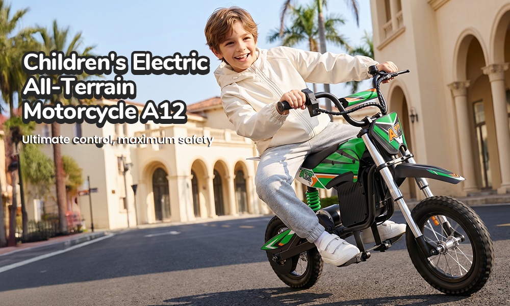 iScooter A12 Moto Tout-Terrain Électrique pour Enfants, Moteur 300W (350W en crête), Batterie 36V 4.5Ah, 25km/h, 20km d’autonomie, Pneu 12", Suspension avant et arrière, Frein à poignée et frein à disque arrière, 3 modes de vitesse - Vert