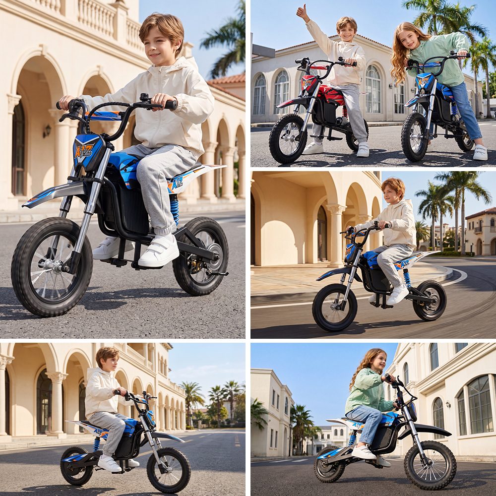 iScooter A12 Kinder-Elektro-Dirtbike, 300W Motor (350W Peak), 36V 4.5Ah Akku, 25 km/h Max. Geschwindigkeit, 20 km Reichweite, 12-Zoll Luftreifen, Vorder- & Hinterradfederung, Griffbremse & hintere Scheibenbremse, 3 Fahrmodi, 70 kg Traglast - Blau