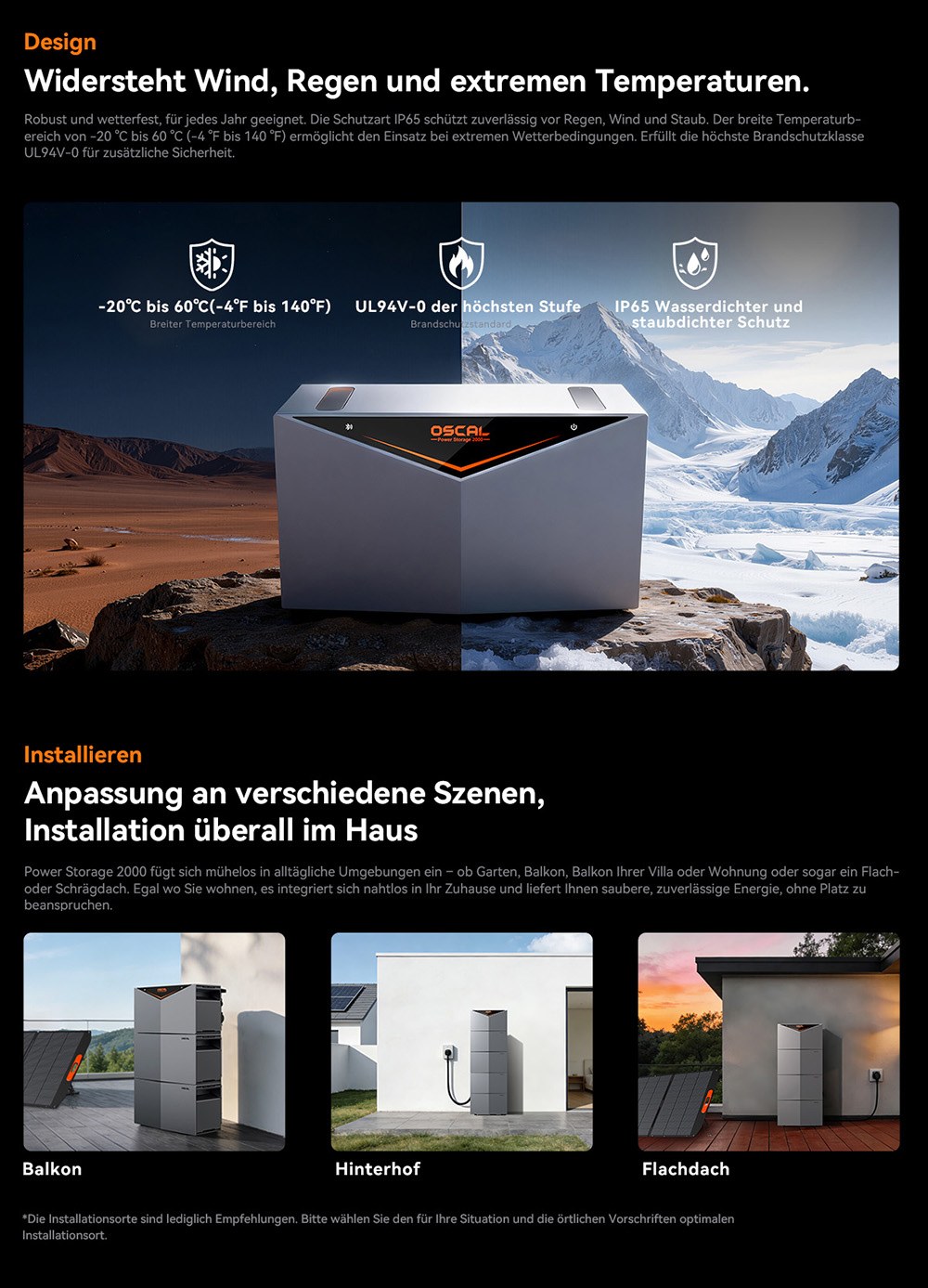 Oscal Power Storage 2000 Balkon-Energiespeichersystem, 1920Wh LiFePO4-Batterie, erweiterbar auf 9600Wh, 1200W AC-Ausgang, 2400W 4-MPPT-Solareingang, eingebauter 800W-Mikrowechselrichter, 0,01s USV, 3500+ Zyklen, WLAN & Bluetooth, IP65