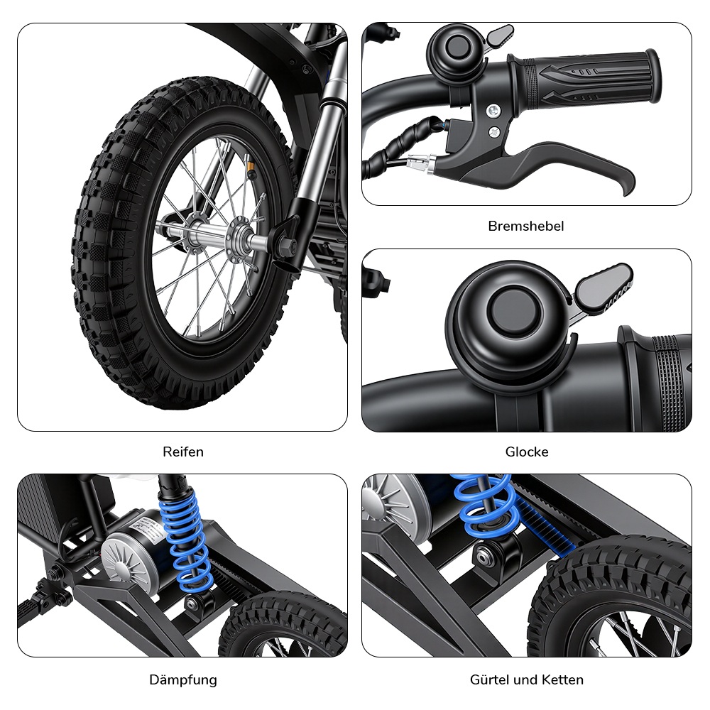 iScooter A12 Kinder-Elektro-Dirtbike, 300W Motor (350W Peak), 36V 4.5Ah Akku, 25 km/h Max. Geschwindigkeit, 20 km Reichweite, 12-Zoll Luftreifen, Vorder- & Hinterradfederung, Griffbremse & hintere Scheibenbremse, 3 Fahrmodi, 70 kg Traglast - Blau