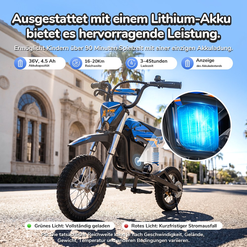 iScooter A12 Kinder-Elektro-Dirtbike, 300W Motor (350W Peak), 36V 4.5Ah Akku, 25 km/h Max. Geschwindigkeit, 20 km Reichweite, 12-Zoll Luftreifen, Vorder- & Hinterradfederung, Griffbremse & hintere Scheibenbremse, 3 Fahrmodi, 70 kg Traglast - Blau
