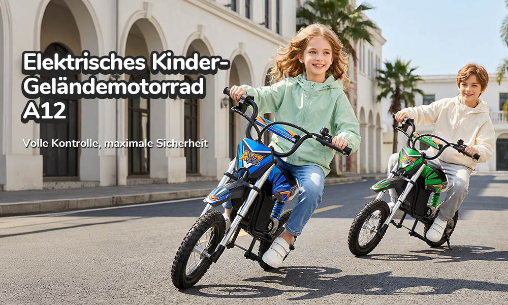 iScooter A12 Kinder-Elektro-Dirtbike, 300W Motor (350W Peak), 36V 4.5Ah Akku, 25 km/h Max. Geschwindigkeit, 20 km Reichweite, 12-Zoll Luftreifen, Vorder- & Hinterradfederung, Griffbremse & hintere Scheibenbremse, 3 Fahrmodi, 70 kg Traglast - Grün